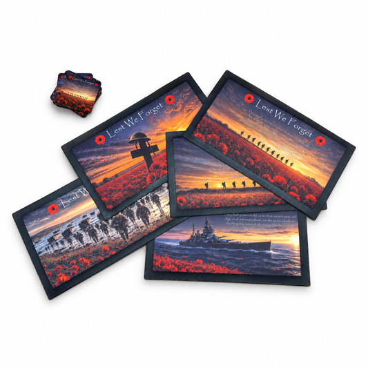 Lest We Forget bar mats and matching coasters showing the full military remembrance design range.