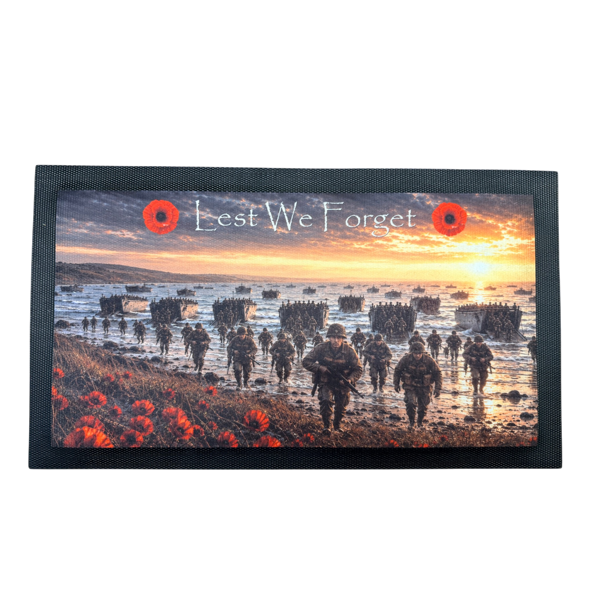 D-Day remembrance bar mat on a white background.
