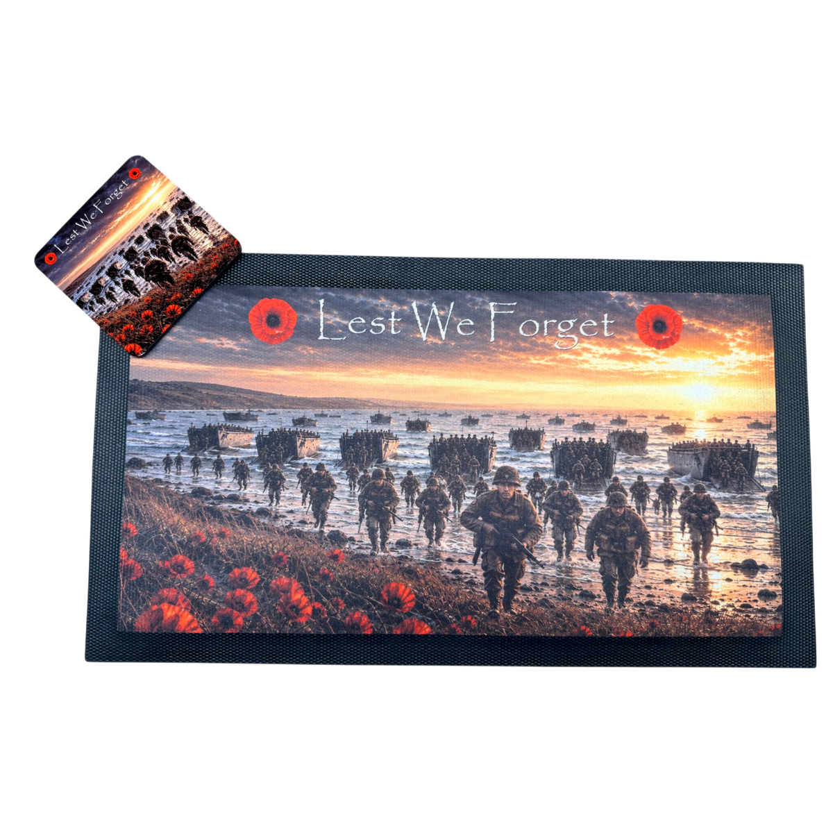 D-Day remembrance bar mat with matching coasters.