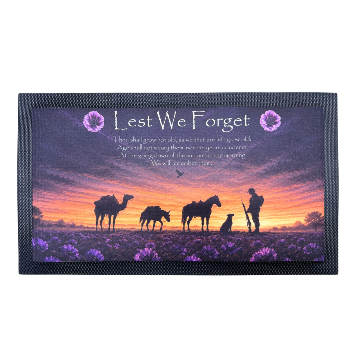 Animals of War with purple poppies remembrance bar mat on a white background.