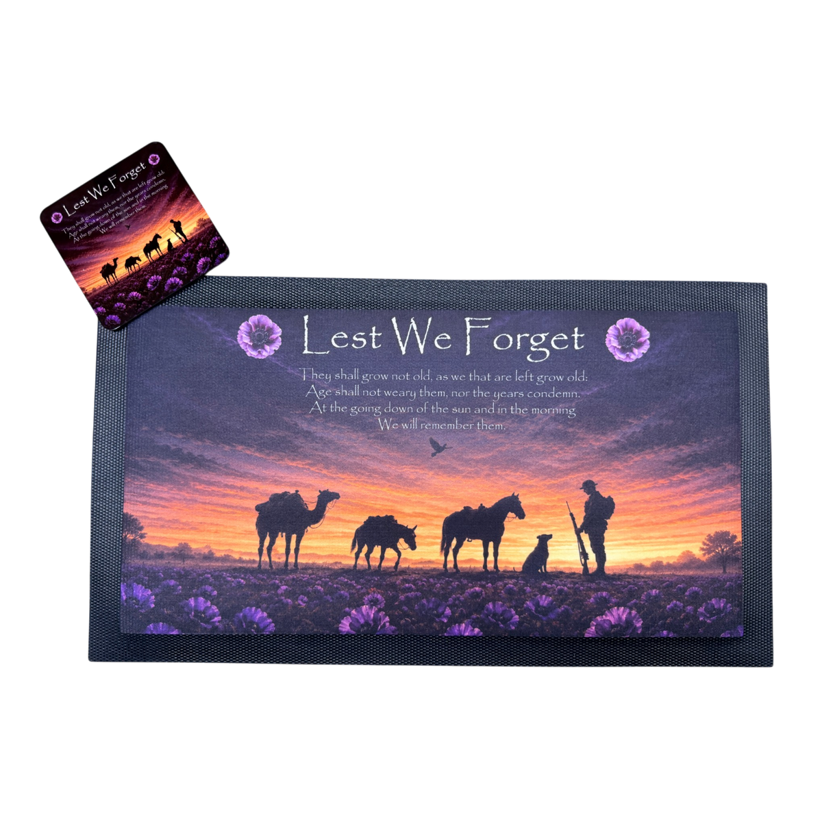 Animals of War with purple poppies remembrance bar mat with matching coasters.
