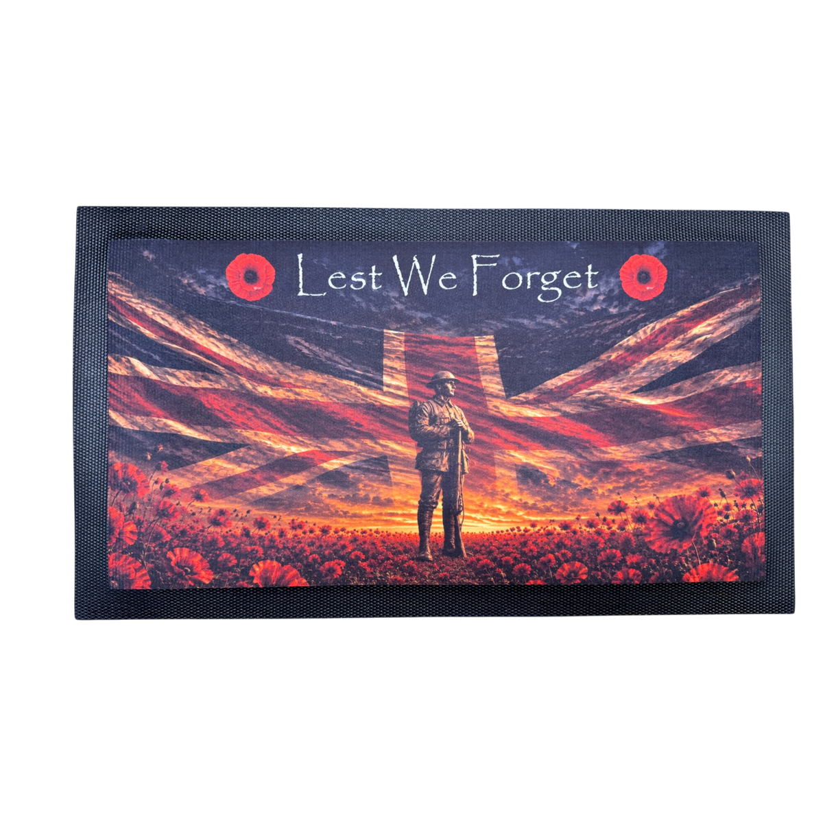 British soldier and Union Jack remembrance bar mat on a white background.