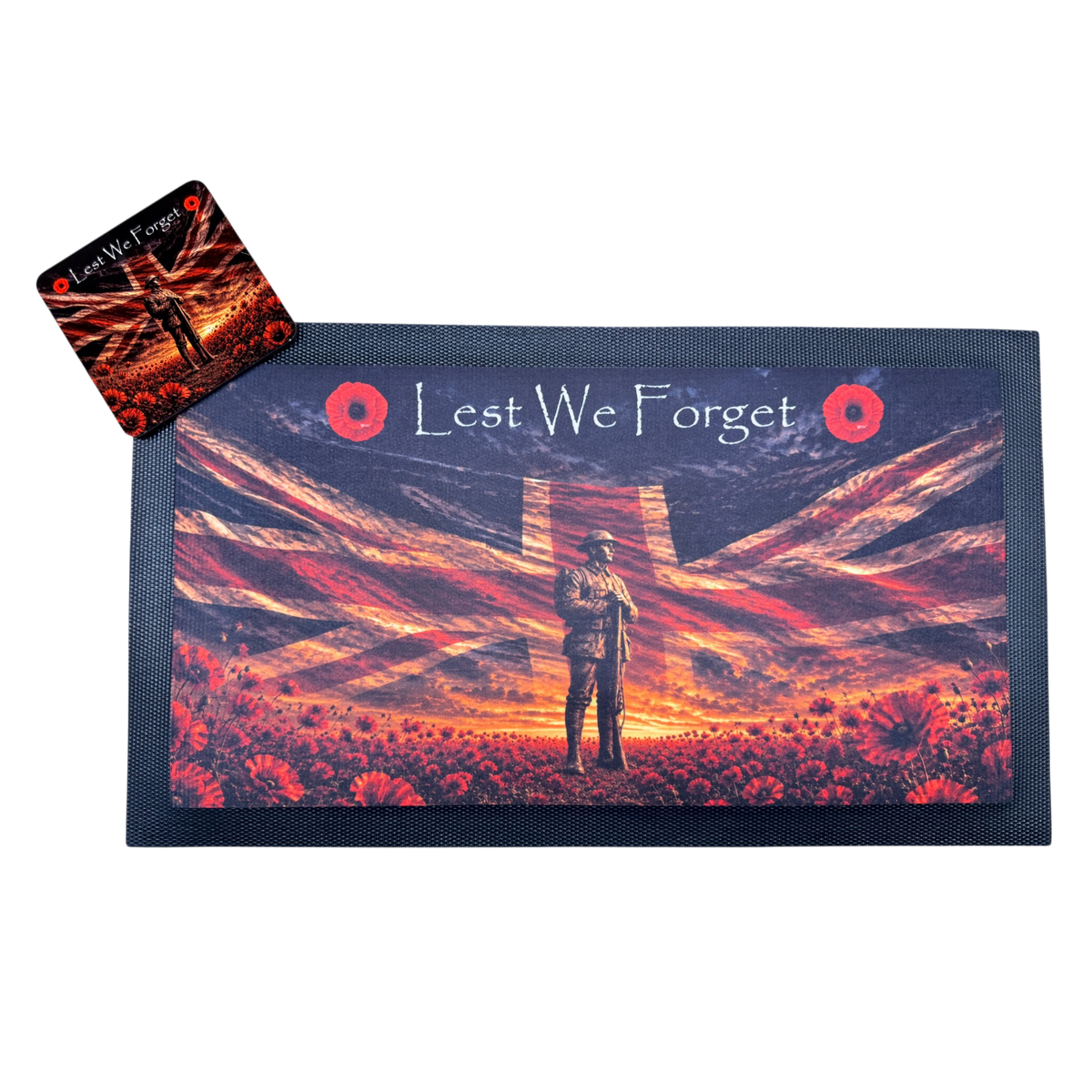 British soldier and Union Jack remembrance bar mat with matching coasters.