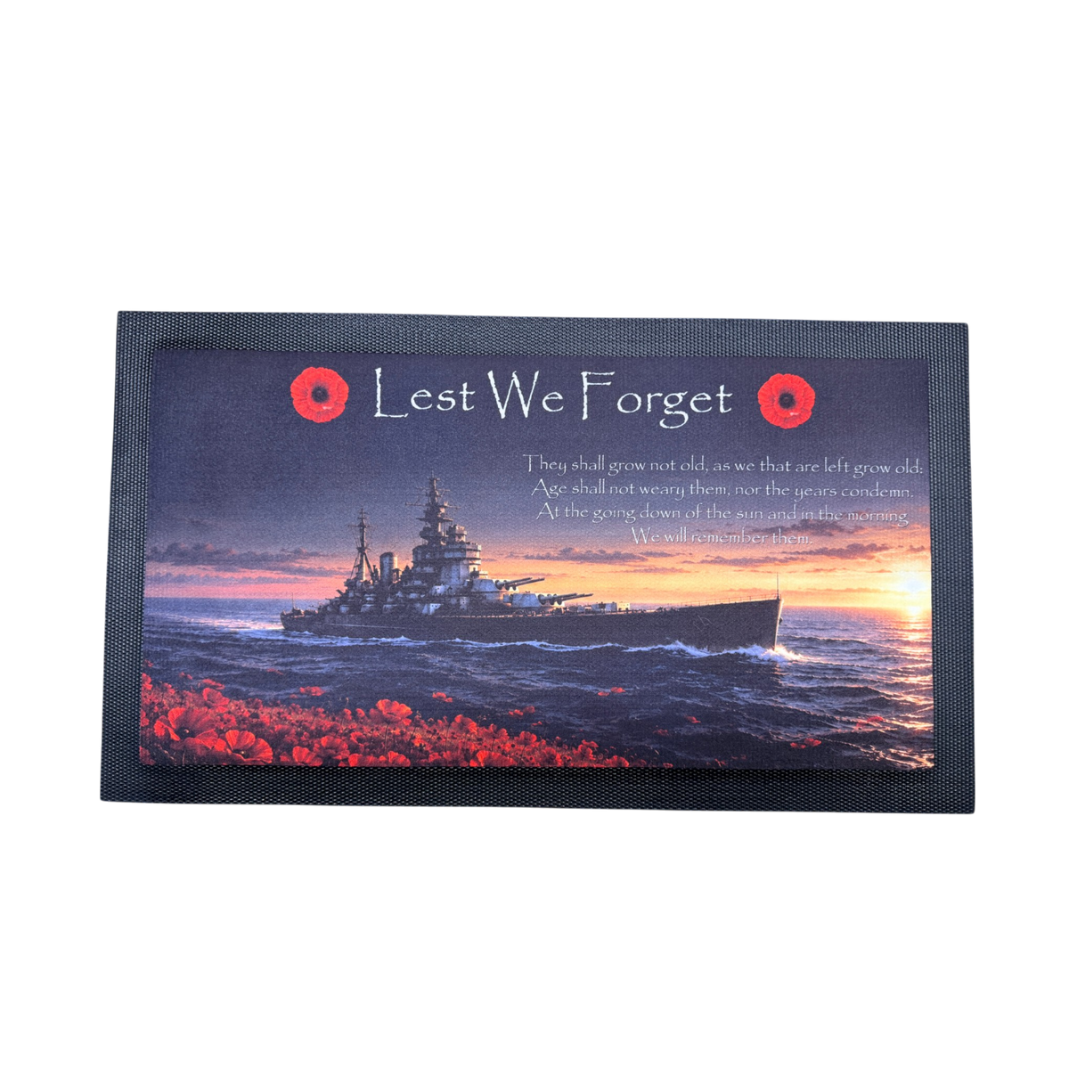 Navy warship remembrance bar mat on a white background.