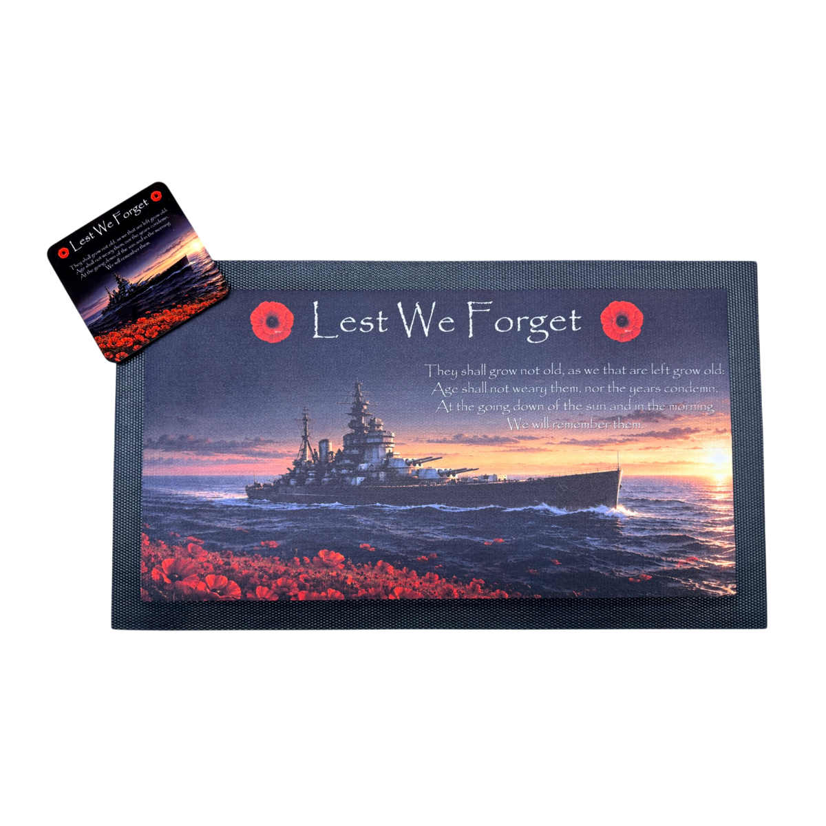 Navy warship remembrance bar mat with matching coasters.