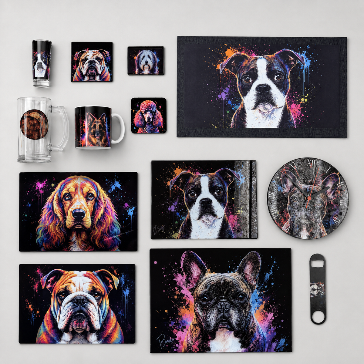 Collage of personalised dog gifts, including printed boards, clocks and matching accessories.