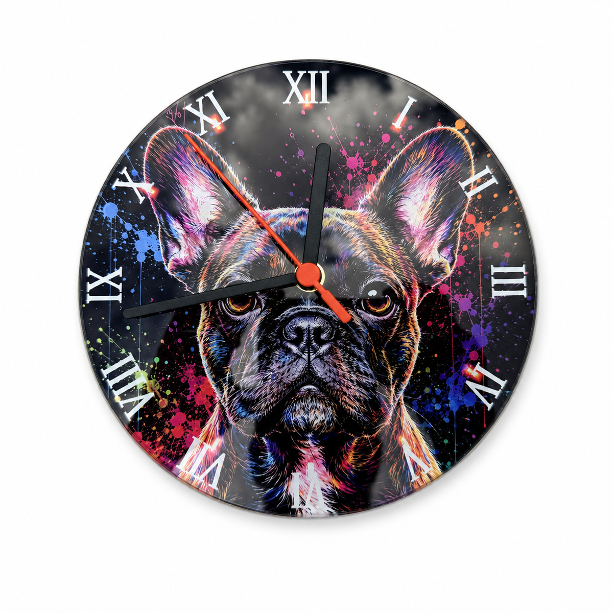 Matching French Bulldog round clock with Roman numerals and a colourful splash-art design.