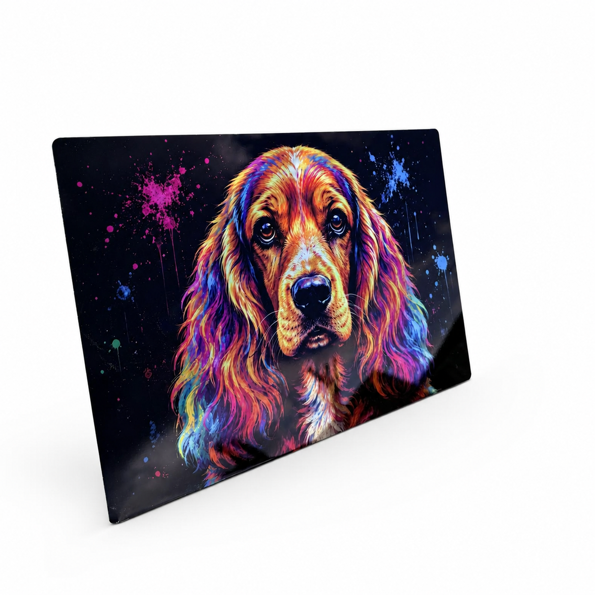 Cocker Spaniel glass chopping board with a colourful splash-art design.