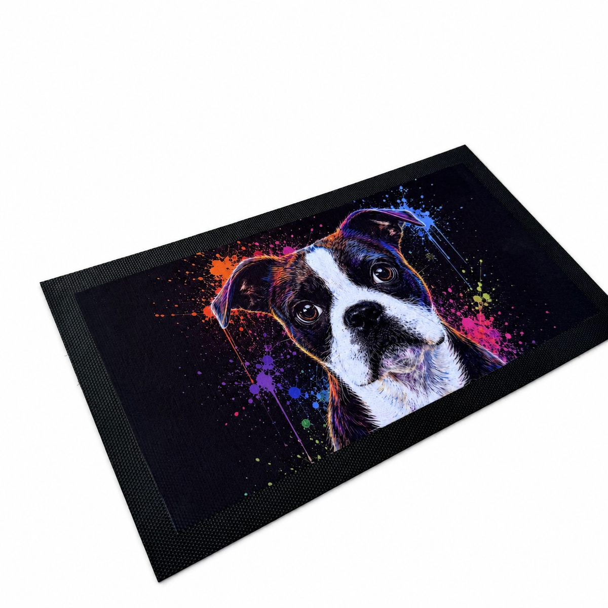 Matching Boston Terrier bar mat with a colourful splash-art design.