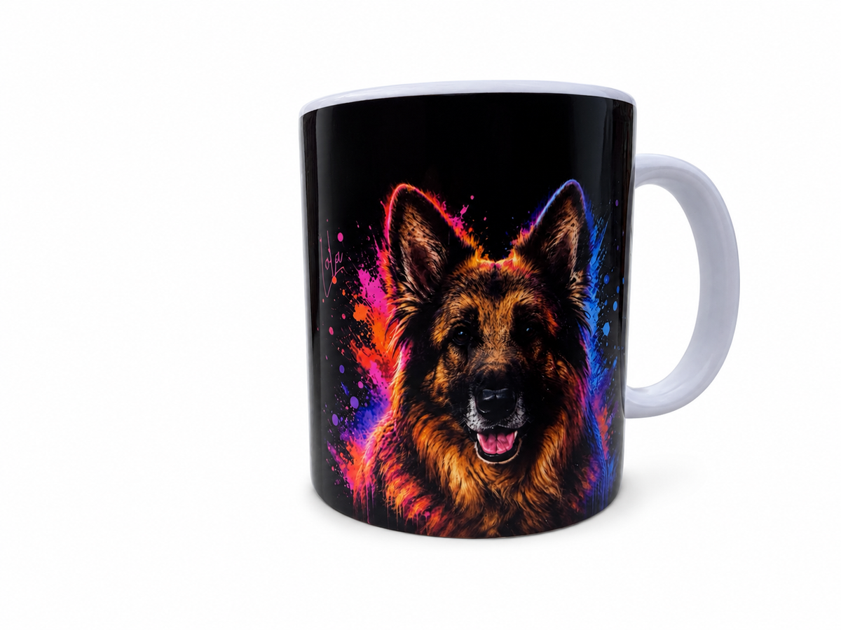 Matching German Shepherd mug with a colourful splash-art design.