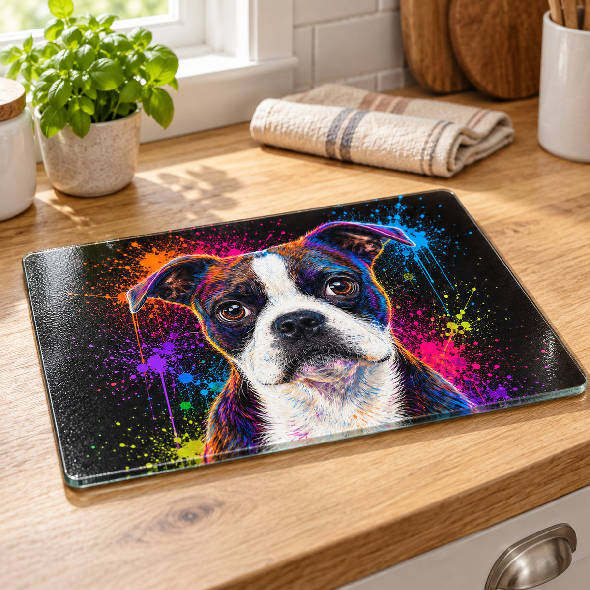 Boston Terrier glass cutting board with colourful splash artwork on a light oak kitchen worktop.
