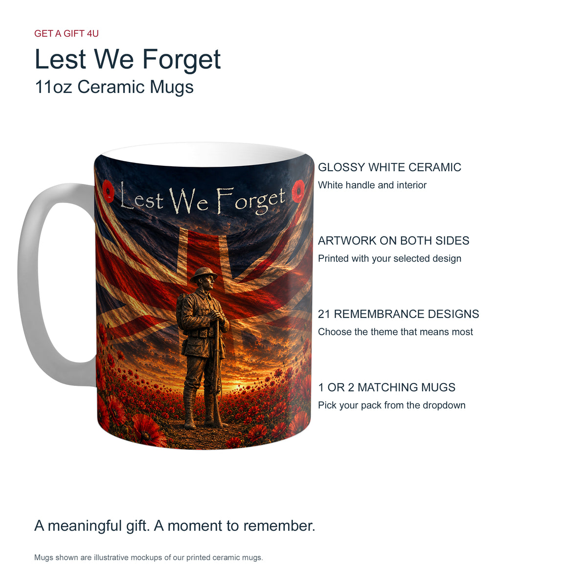 11oz ceramic mug guide: glossy white ceramic, white handle and interior, artwork on both sides, 21 designs and packs of one or two matching mugs