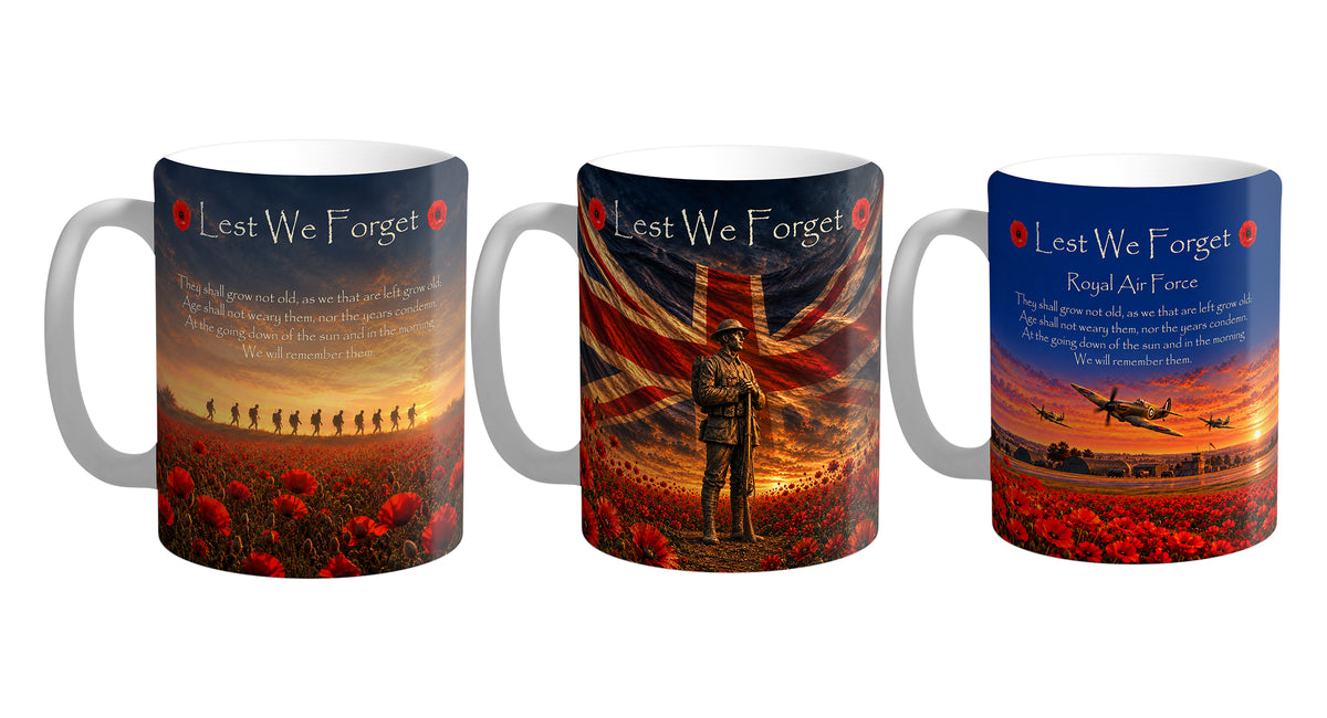 Three different military poppy ceramic mug designs: Soldiers D1, British Soldier D8 and Royal Air Force D10