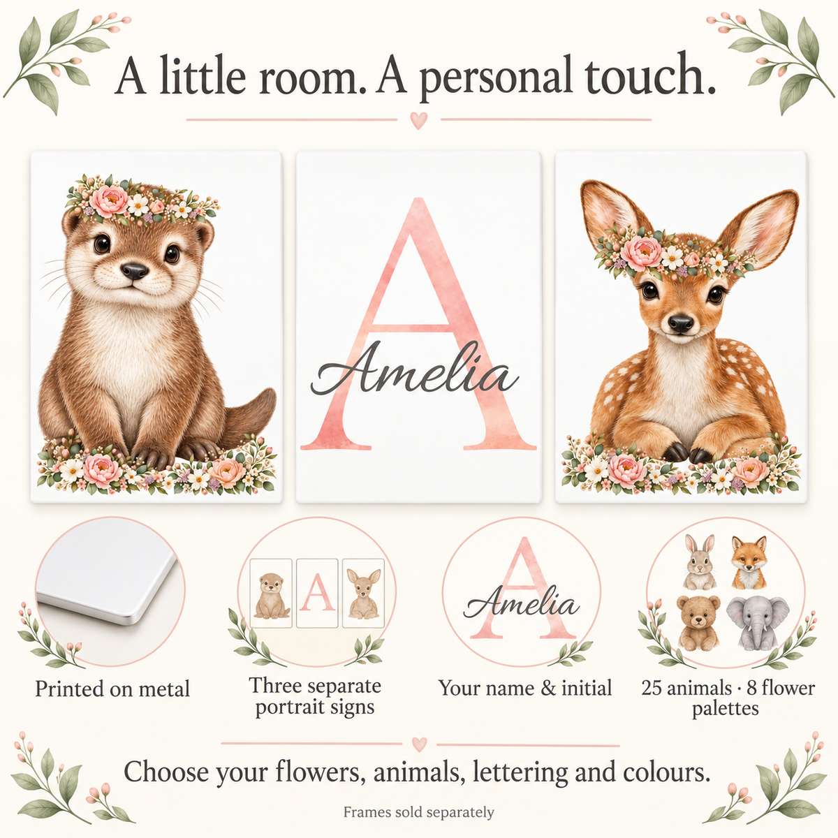 Personalised nursery metal signs with animal, flower, initial and name options.