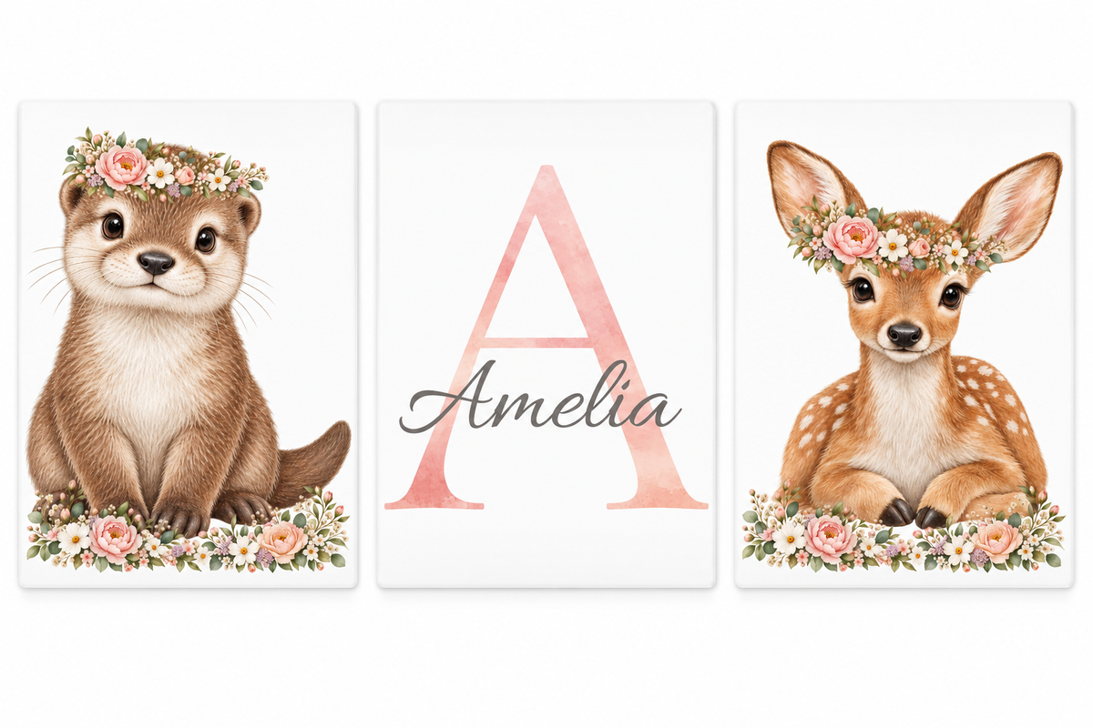 Three separate portrait metal nursery signs with an otter, Amelia initial and name, and a deer.