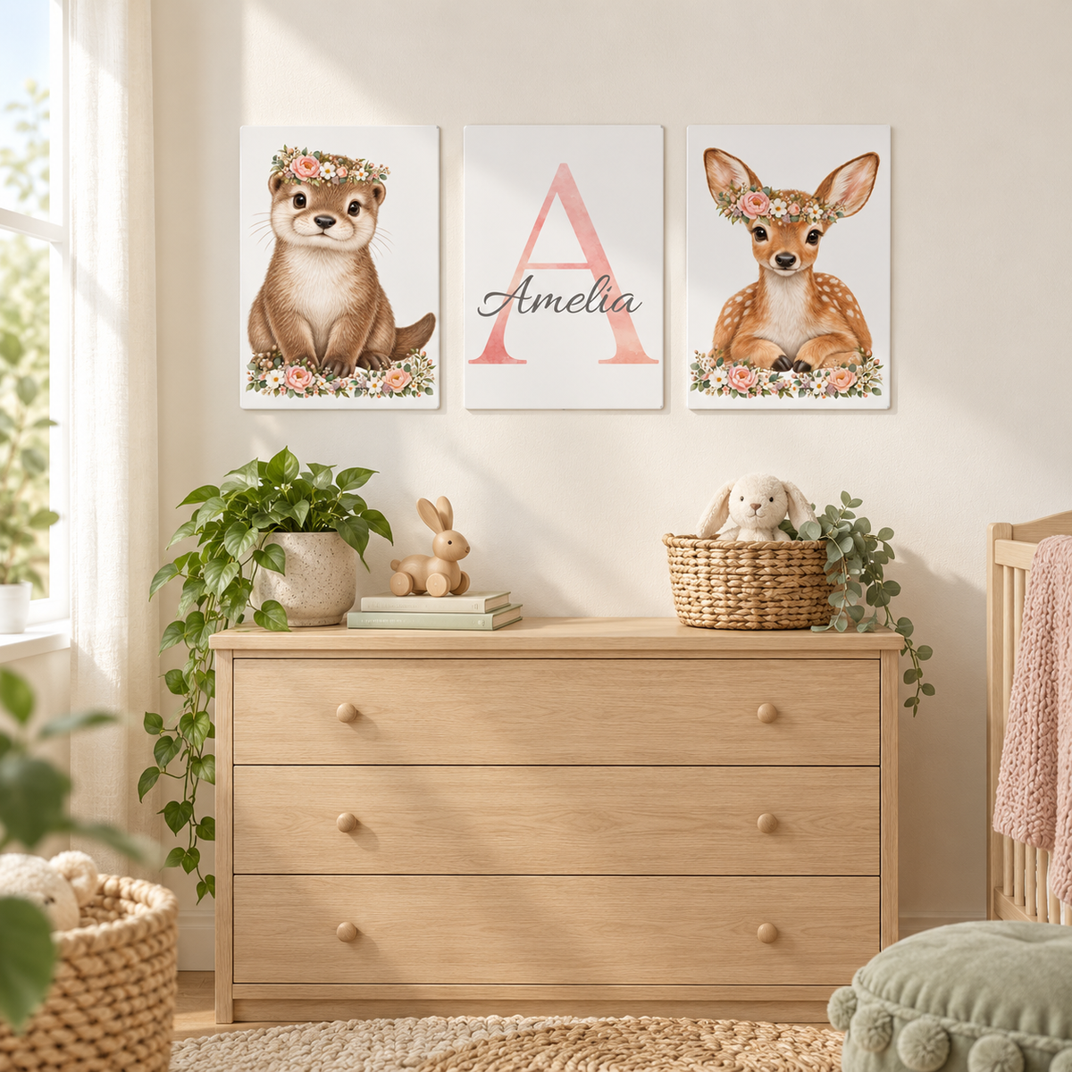 Three personalised metal nursery signs displayed unframed in a nursery.