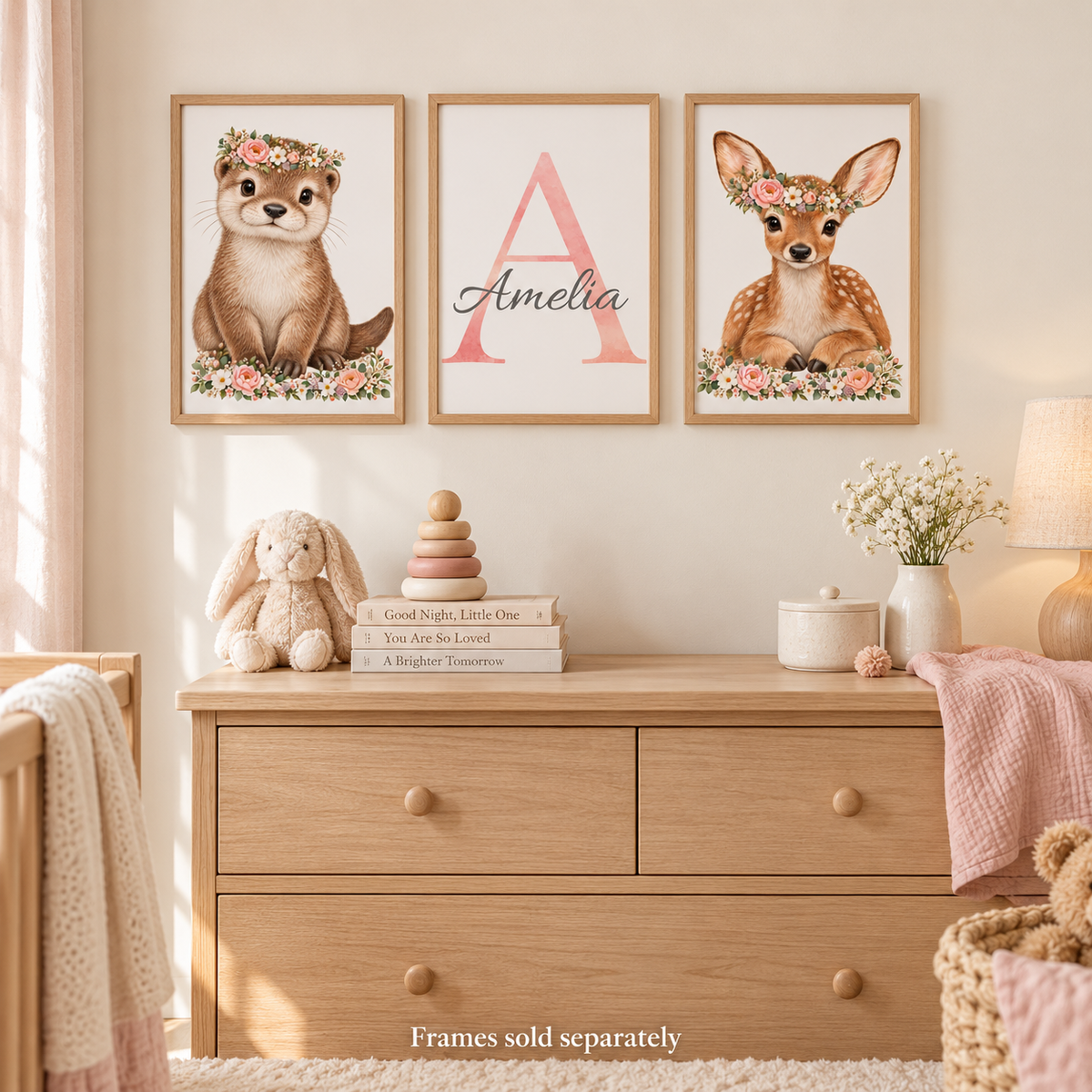 Personalised botanical nursery metal signs in a softly styled nursery. Frames sold separately.
