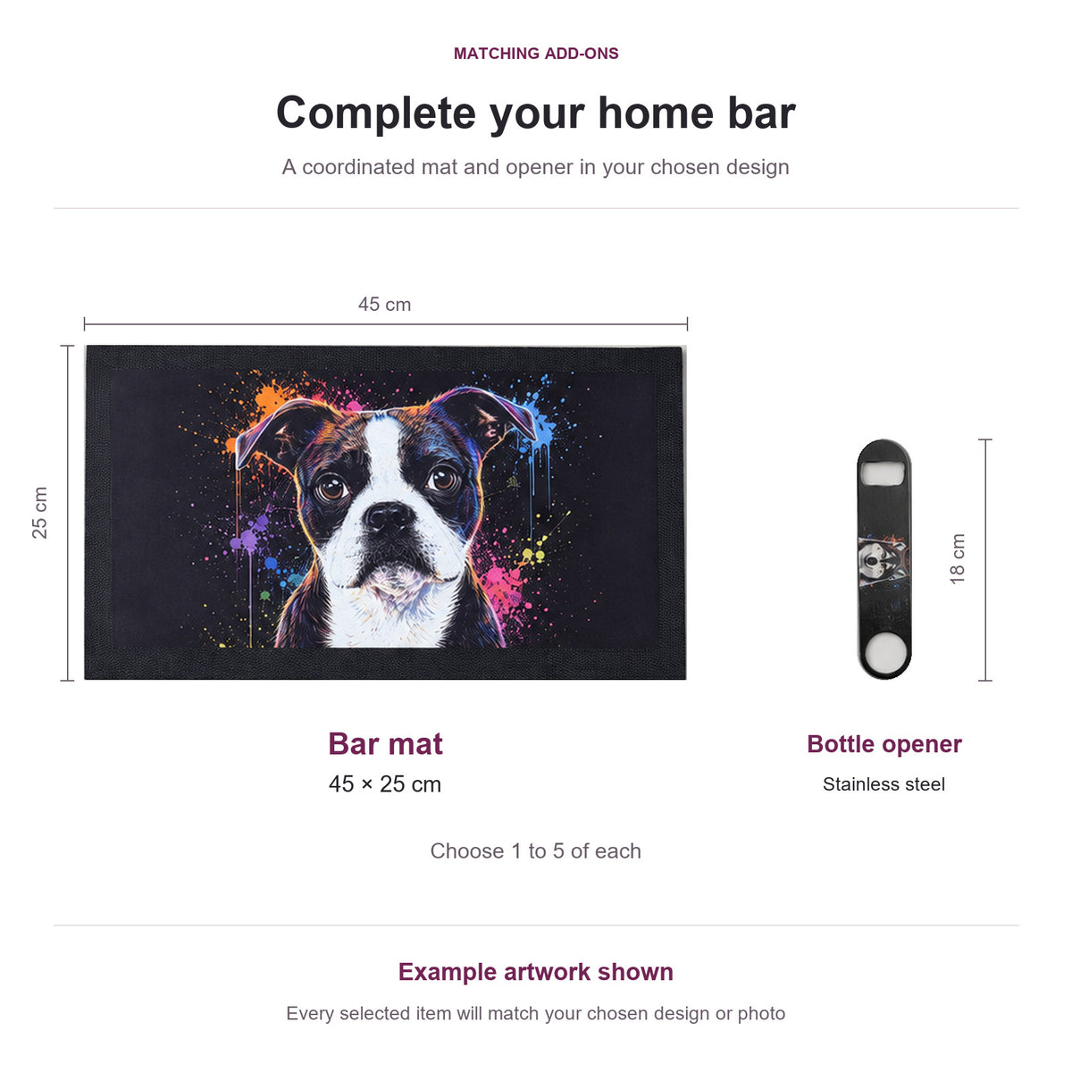 Matching dog bar mat measuring 45 × 25 cm and stainless steel bottle opener measuring 18 cm, available in quantities of one to five.