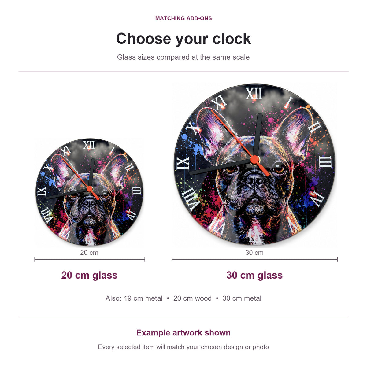 Personalised glass clock size comparison: 20 cm and 30 cm clocks with French Bulldog artwork, with metal and wood sizes listed.