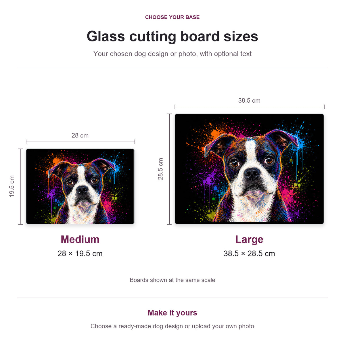 Glass cutting board size guide: medium 28 × 19.5 cm and large 38.5 × 28.5 cm, shown at the same scale with Boston Terrier artwork.